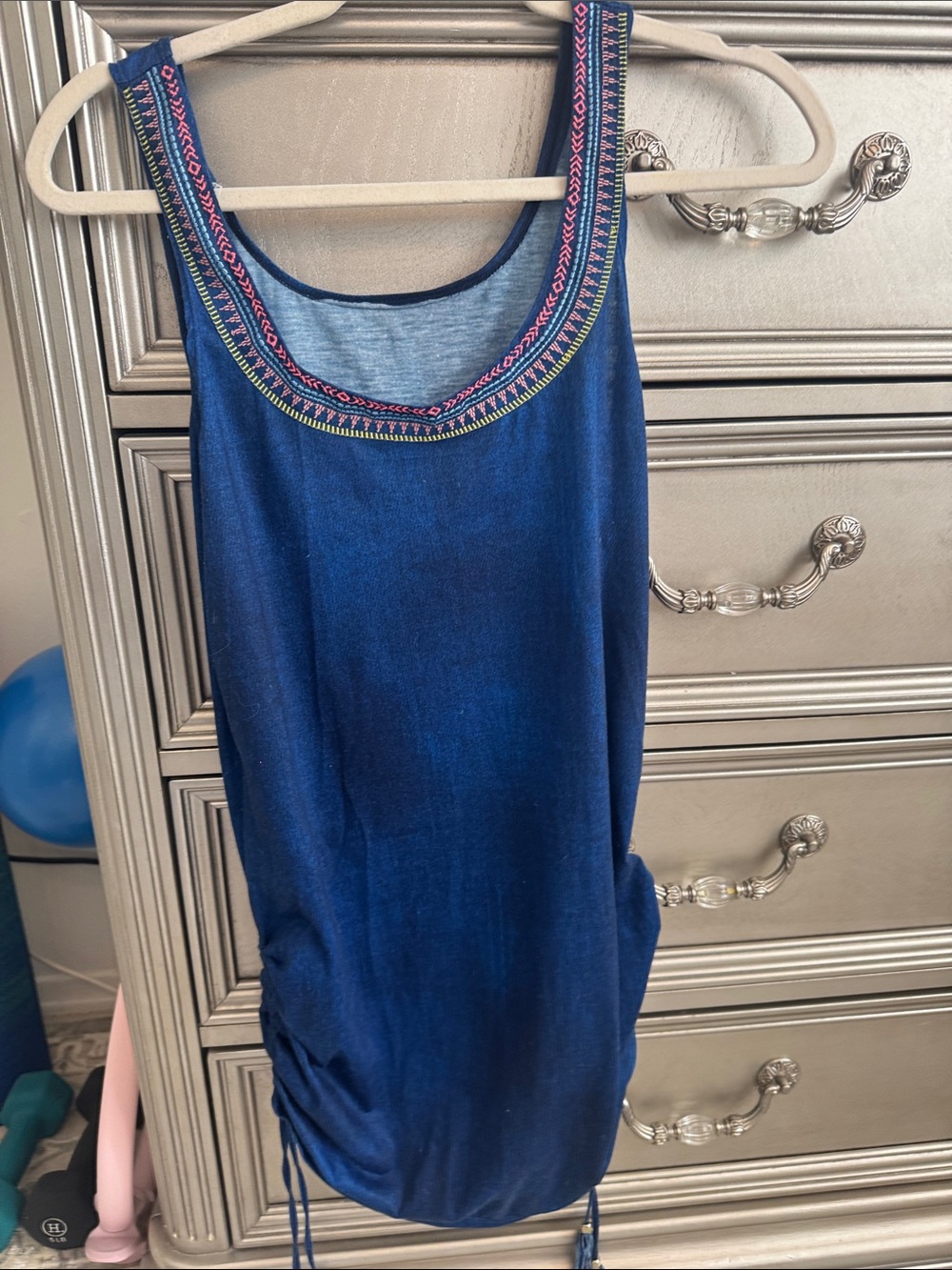 Embroidered Scoop Neck Navy Mini Dress